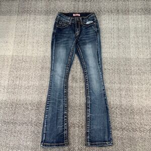 True Luck Bootcut Jeans Womens 1/2 Blue Dark Wash Embroidered Slim Mid Rise